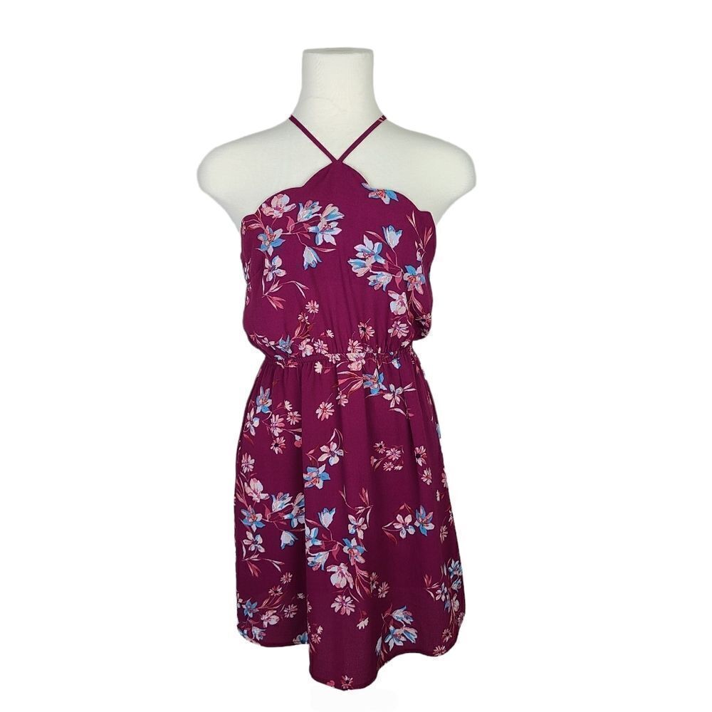monteau Burgundy Floral Scalloped Neck Halter Dress Small
